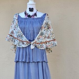 Sheer Floral Shawl w/ a Ribbon and Ruffle Hem